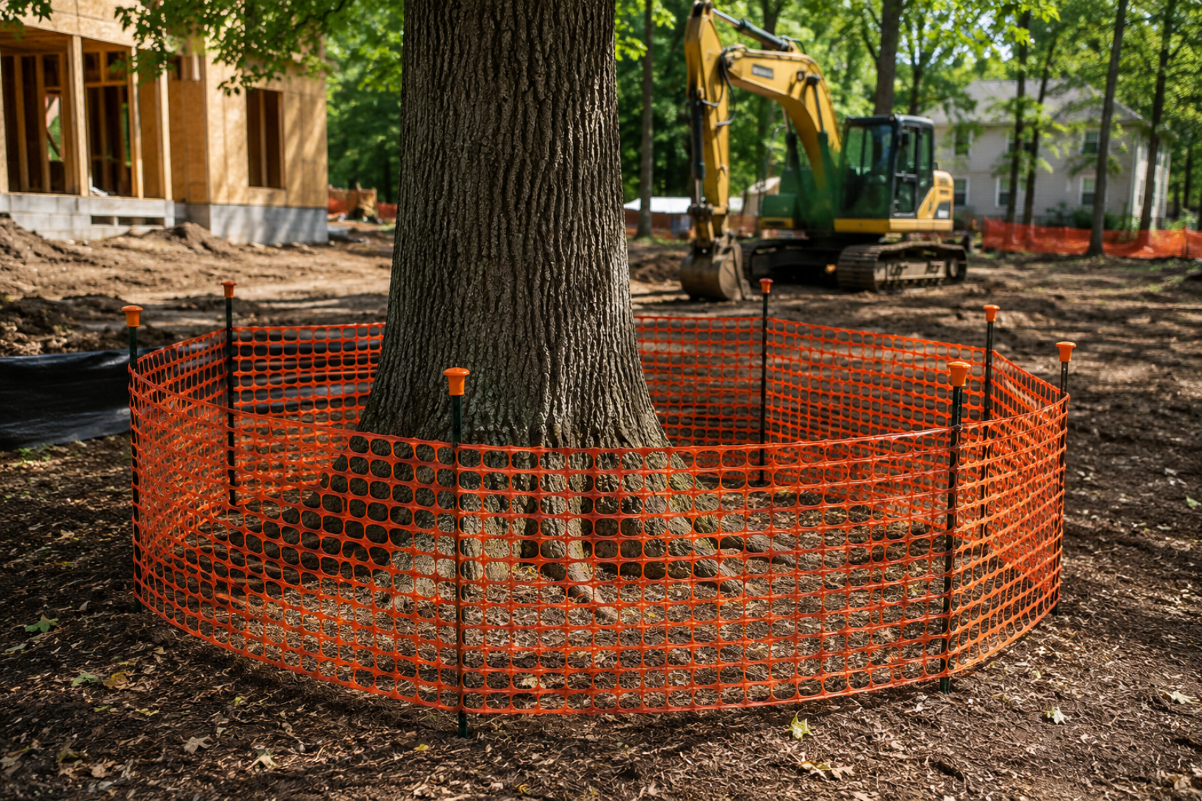 Tree protection fencing installed around mature tree at construction site in Massachusetts