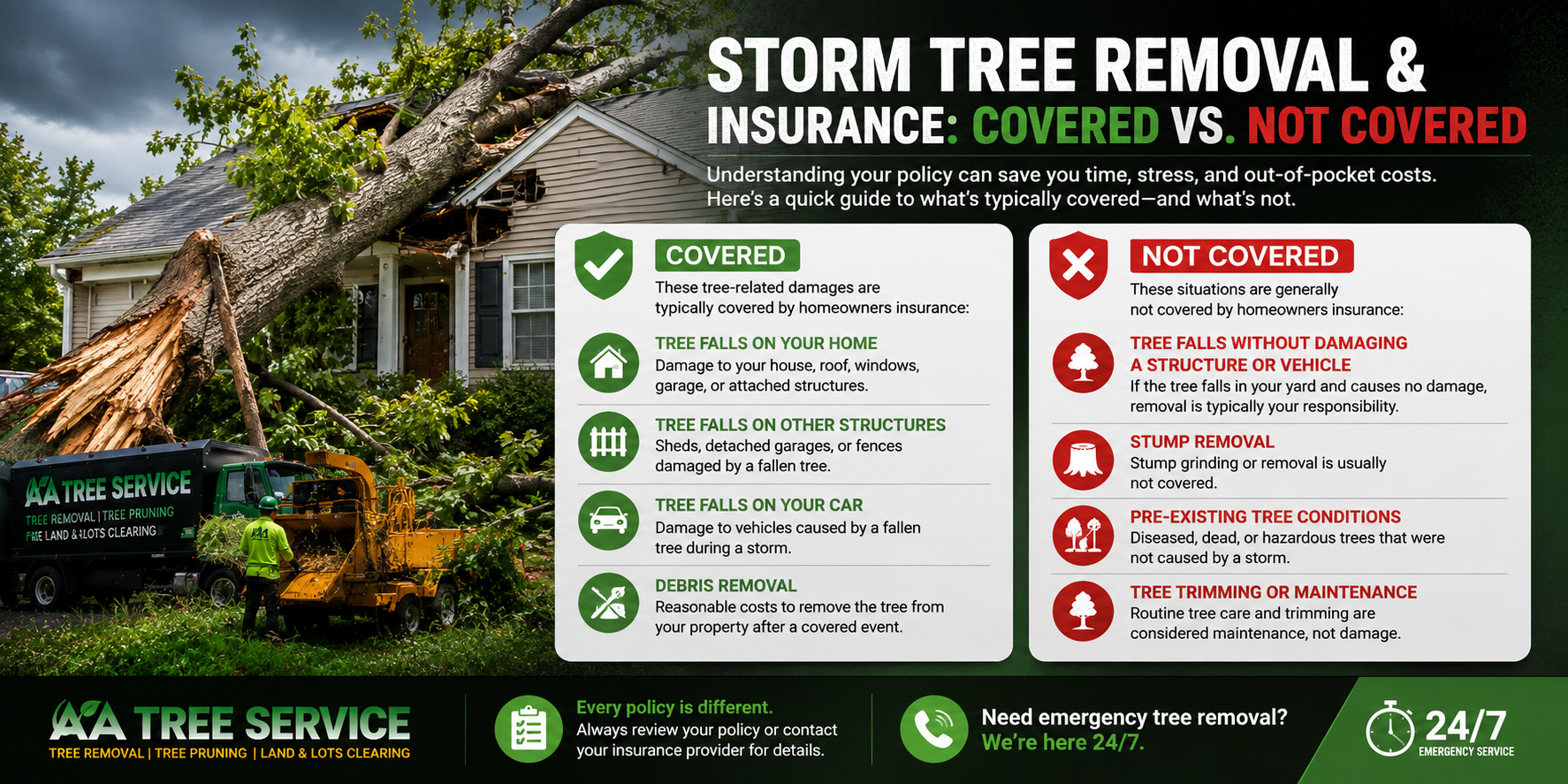 Storm tree removal and homeowners insurance — what is covered versus not covered when a tree falls in Massachusetts and New Hampshire