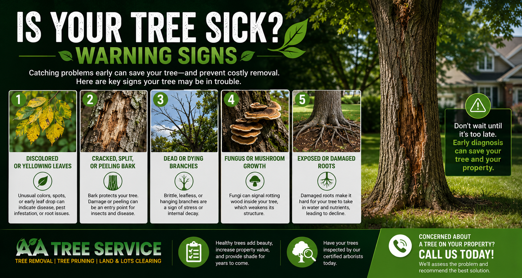 Is your tree sick — warning signs of tree disease and pests in Massachusetts and New Hampshire: canopy dieback, discolored leaves, cankers, fungal growth, boreholes, and defoliation