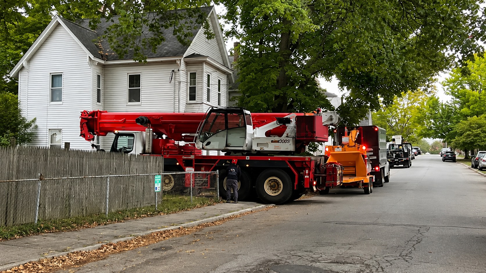 AA Tree Service crane truck staged on the street for a residential tree removal in Massachusetts