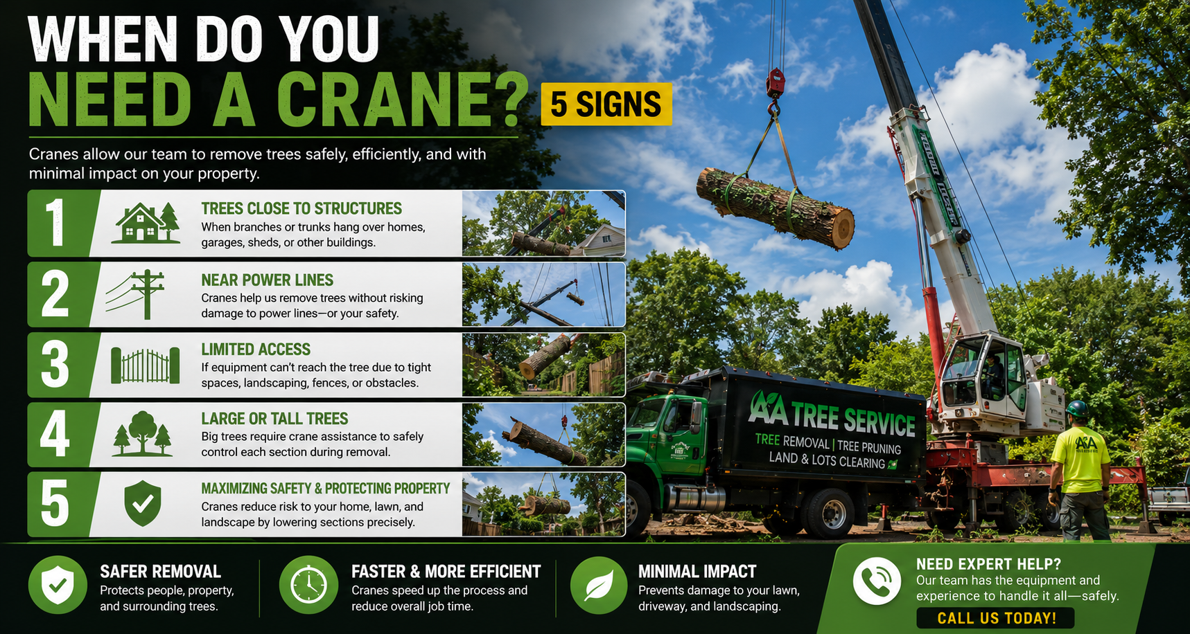 When do you need a crane for tree removal — 5 signs: dead or weak trees, leaning over structures, massive size, tight access, and storm damage
