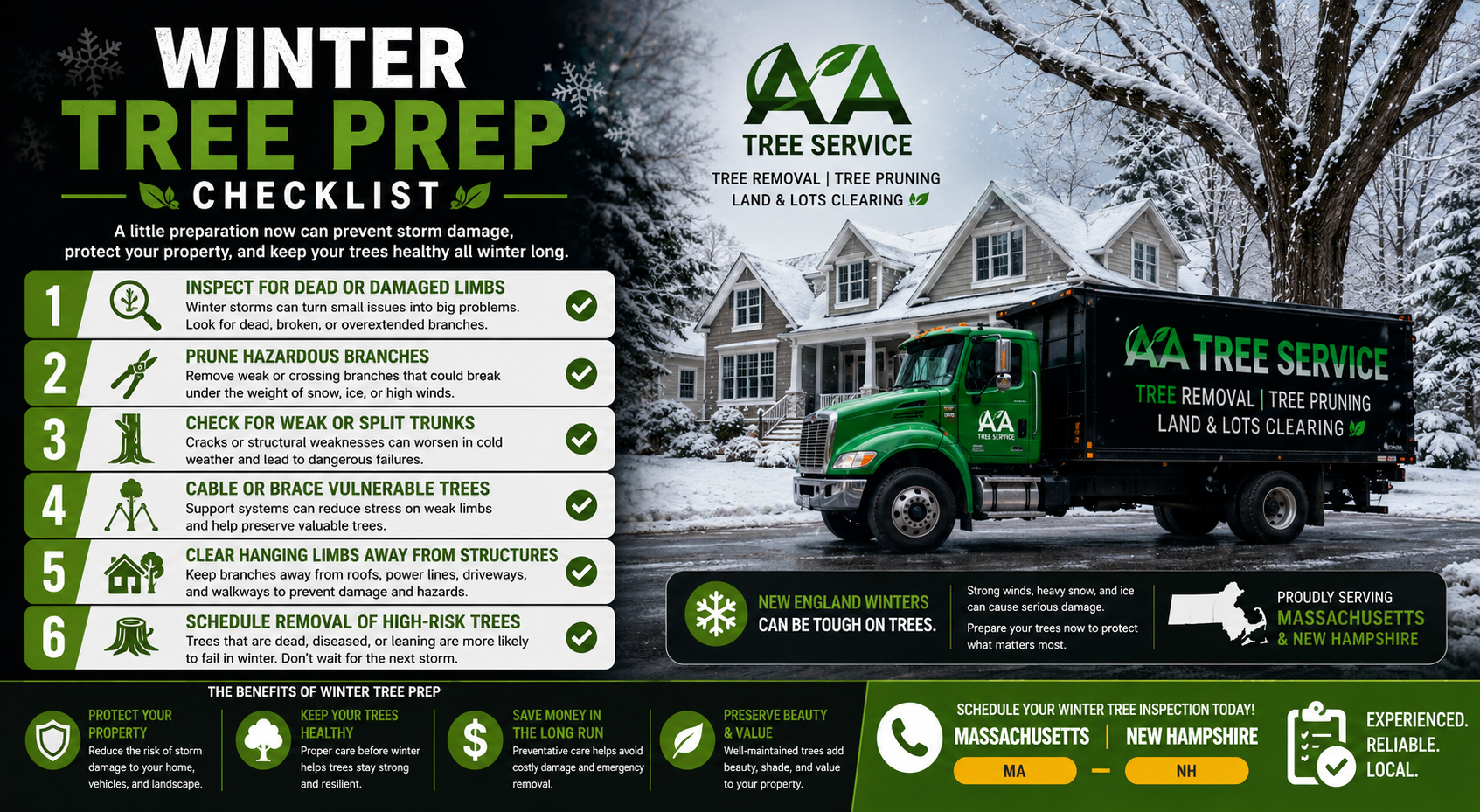 Winter tree prep checklist for Massachusetts and New Hampshire — prune deadwood, support weak unions, inspect hazards, mulch and protect young trees