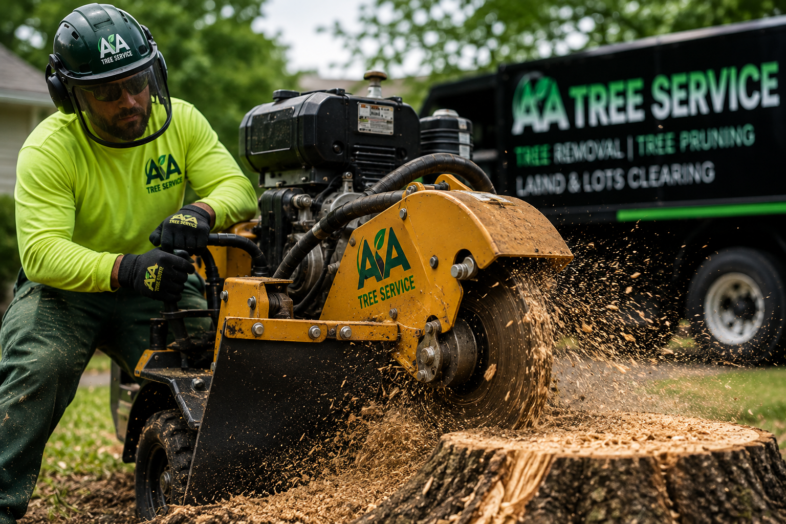 AA Tree Service arborist operating a stump grinder close up in Massachusetts
