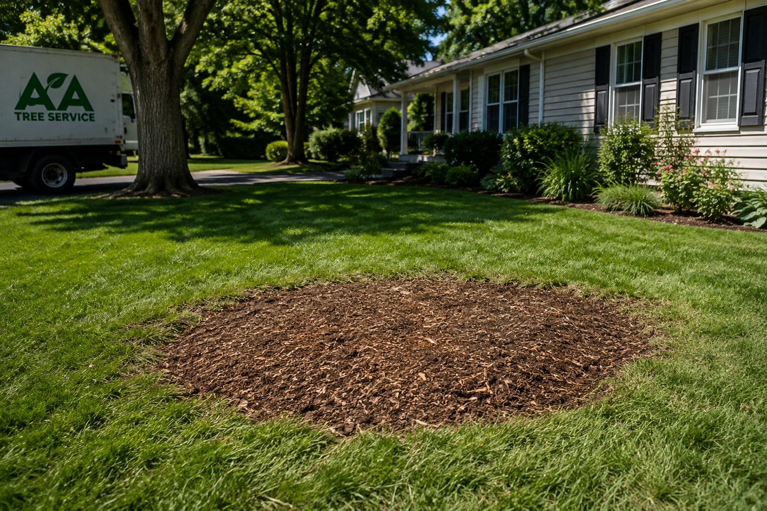 Freshly ground tree stump backfilled with mulch in a Massachusetts lawn after AA Tree Service stump grinding