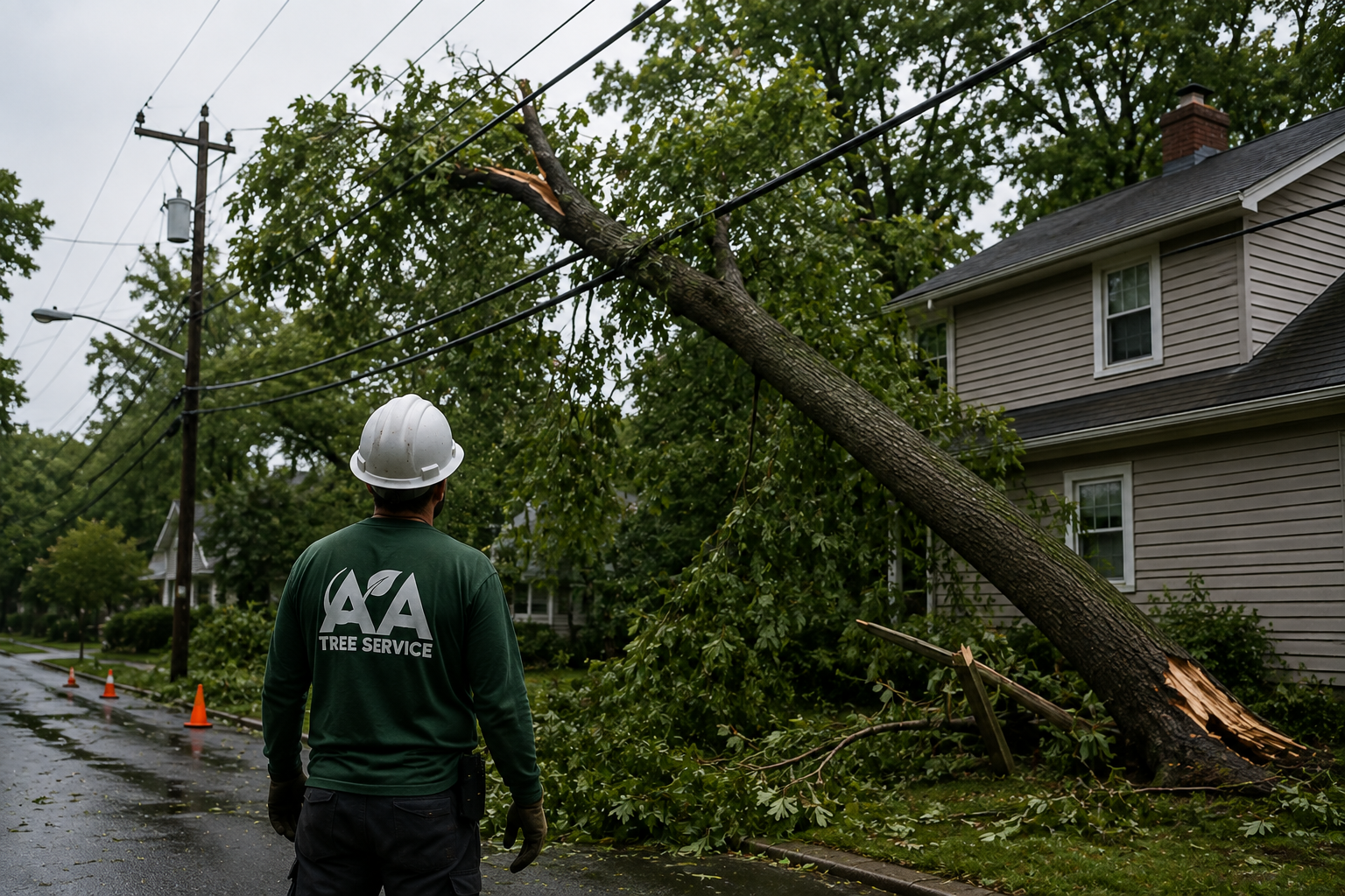 Storm-damaged tree leaning against residential power lines in Massachusetts