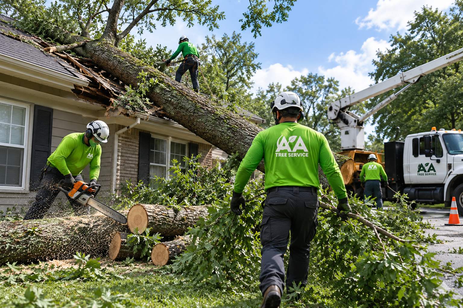 AA Tree Service crew removing a fallen storm-damaged tree from a Massachusetts property