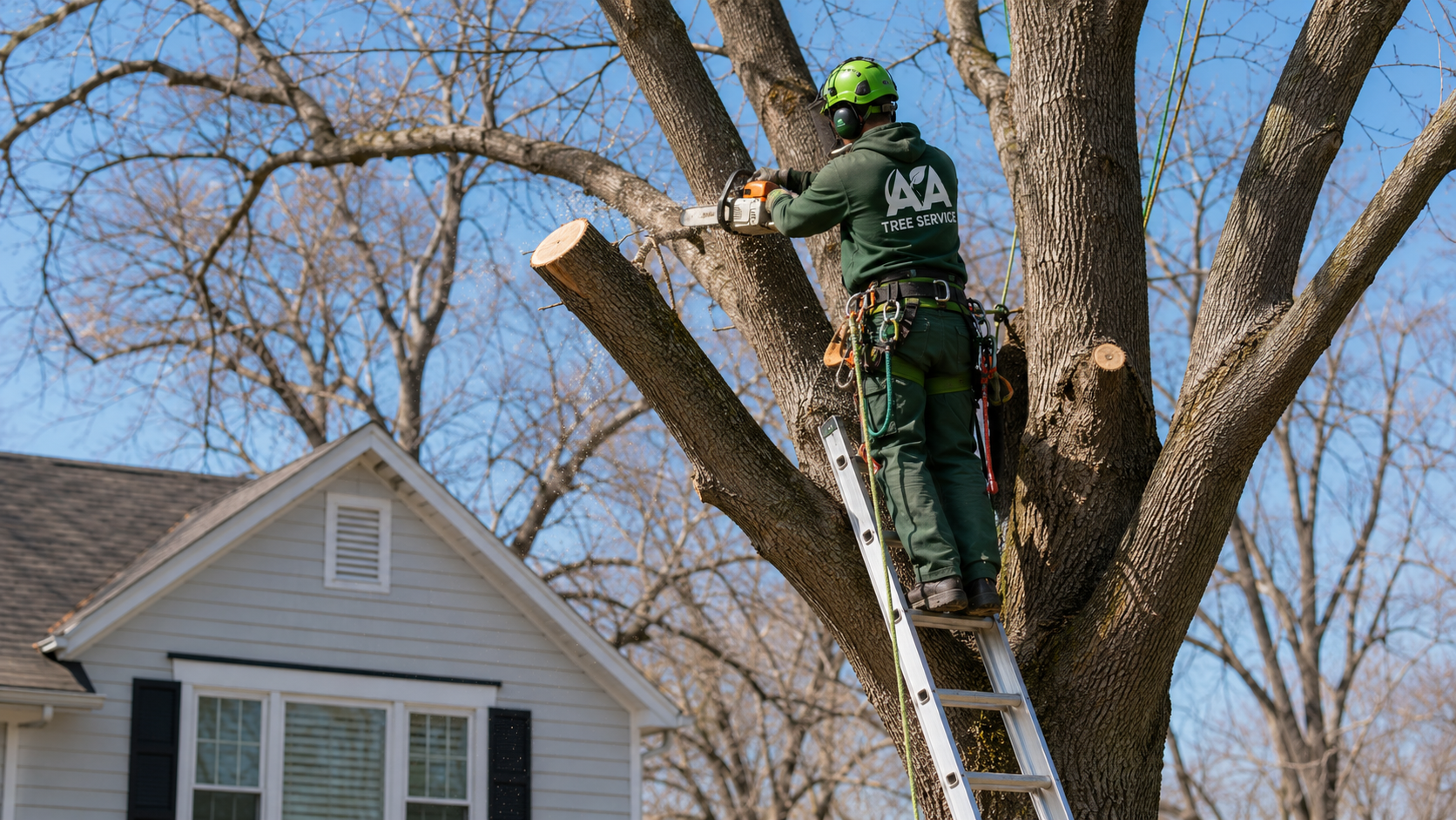 Tree crew clearing a storm-downed tree from a residential property