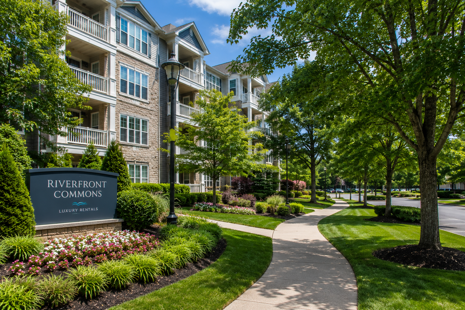 Well-maintained trees and landscaping at a commercial property in Massachusetts