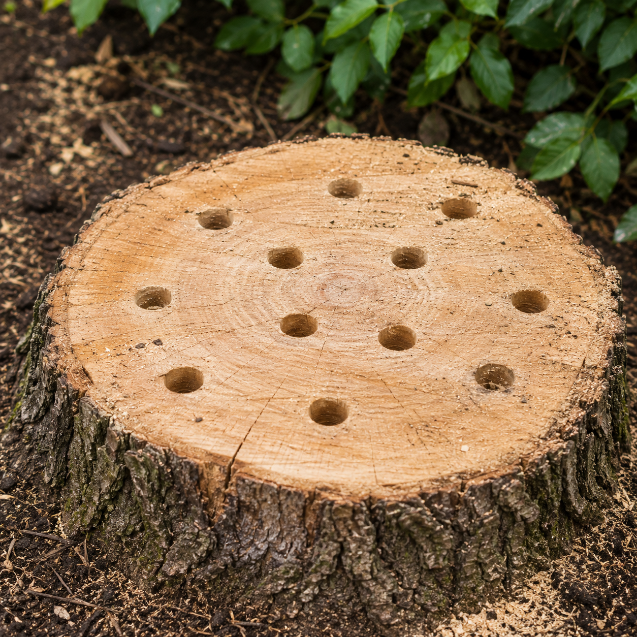 Professional stump grinder shredding a tree stump below ground level
