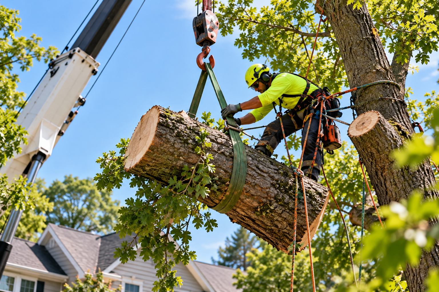 Arborist attaching slings to a tree section for a crane lift during removal