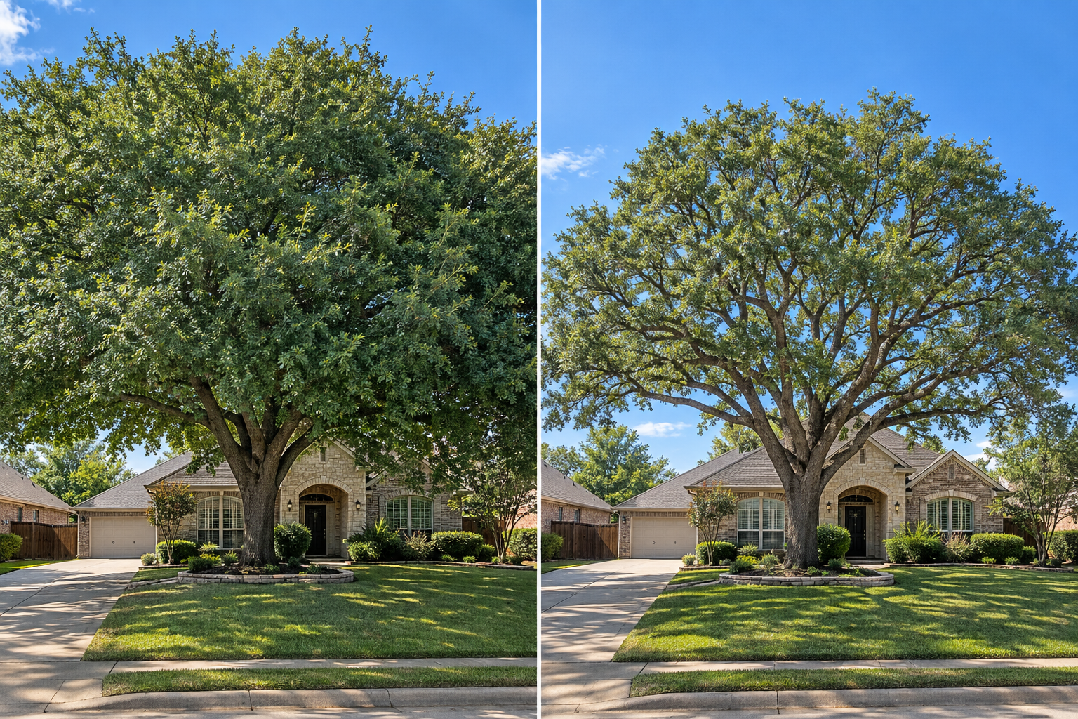 Before and after of a tree crown reduction with the natural shape preserved
