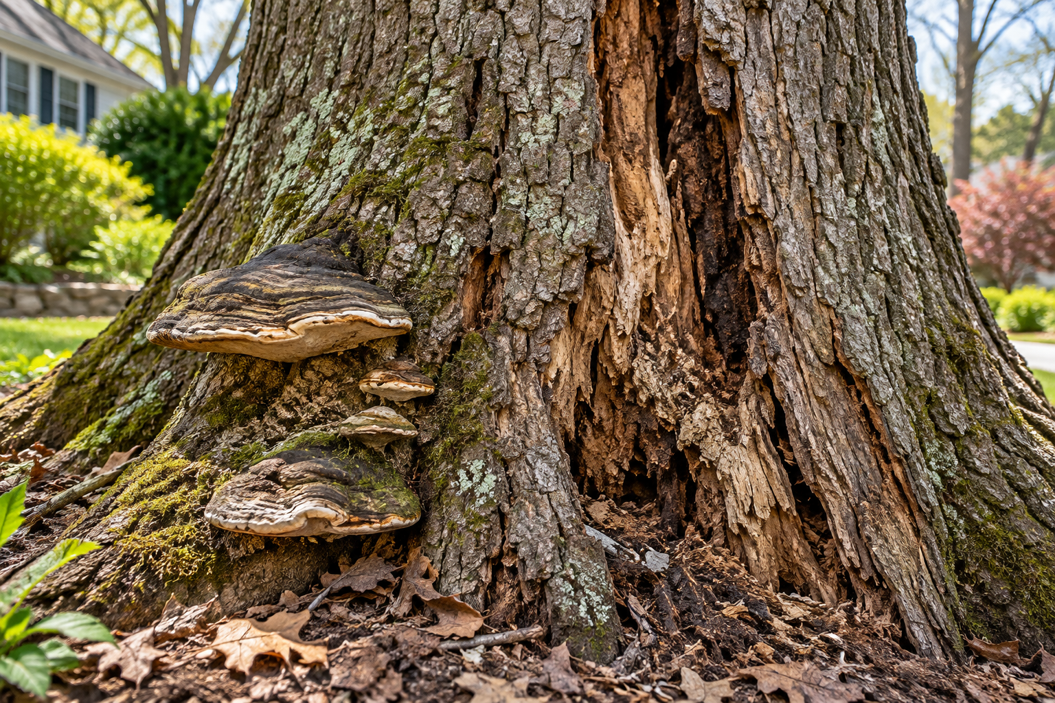 Base of a mature oak trunk showing decay and fungal growth, a sign the tree needs removal