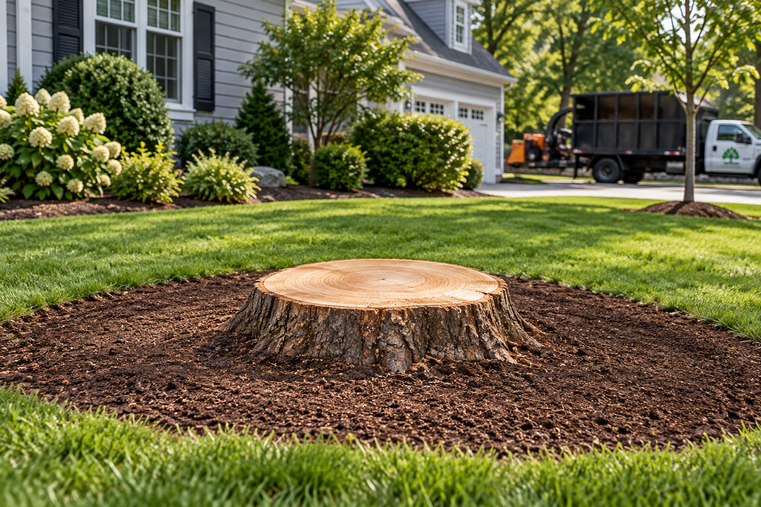 Cleared yard after a large oak tree removal with the stump ground below grade